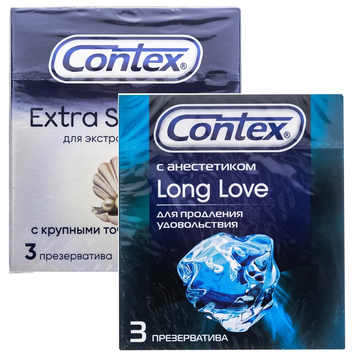 Контекс Набор презервативов: Extra Sensation с крупными точками и ребрами №3 + Long Love с анестетиком №3 (Contex, Презервативы)