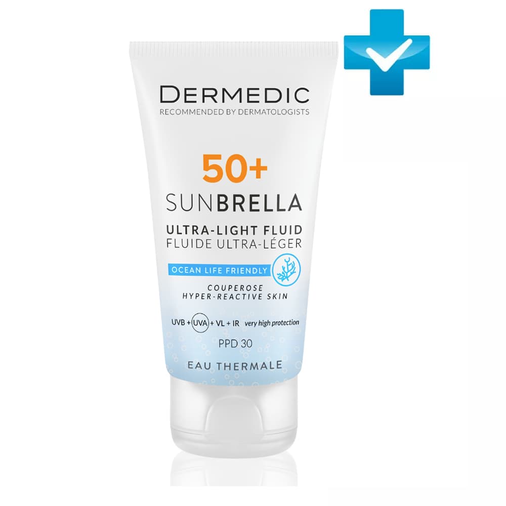 Дермедик Ультра-легкий солнцезащитный флюид SPF50+ для чувствительной кожи с хрупкими капиллярами, (Dermedic, Sunbrella)