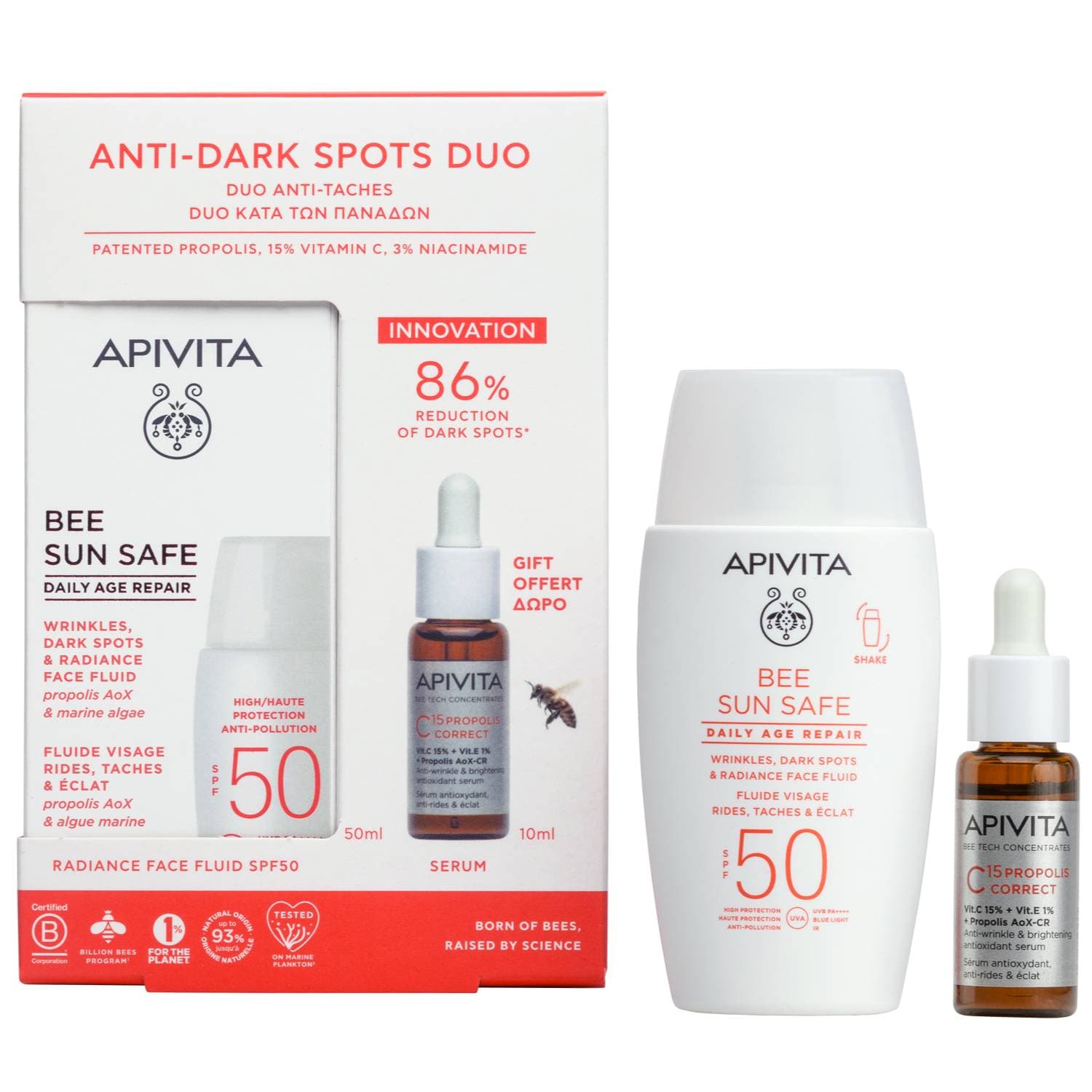 Апивита Набор для антивозрастного ухода: солнцезащитная эмульсия SPF50 + сыворотка 10 мл (Apivita, Bee Sun Safe)